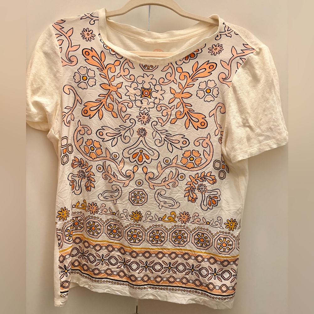 Tory Burch Cream and Orange Floral Short Sleeve Top Silk and Linen